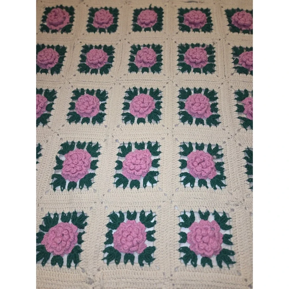 Vintage Handmade Granny Square Rose Afghan 76in x 76in